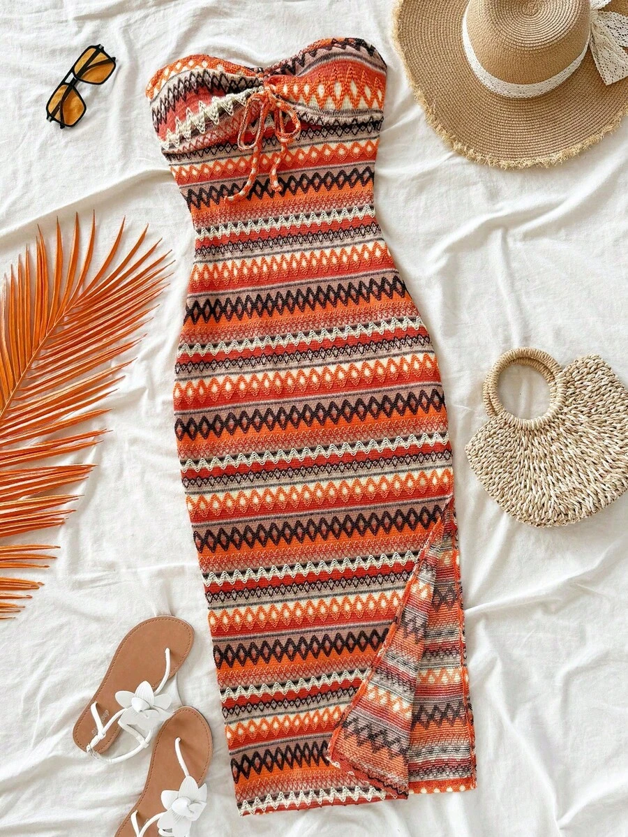Vestido de mujer a rayas con frente plisado y lazo, atuendos de playa y vacaciones, atuendos de primavera y verano para mujeres - Multicolor 2 - Ver 1