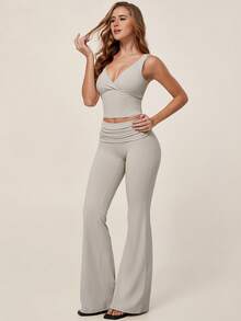 TimeOff One Set Women's Solid Color V-Neck Backless Removable Padded Thick Strap Tank Top And Flared Waist Long Pants Sports Set - Light Grey - View 5