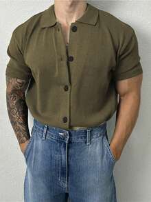 Men's Solid Color Short Sleeve Casual Shirt, Versatile For Spring Commuting - Army Green - View 2