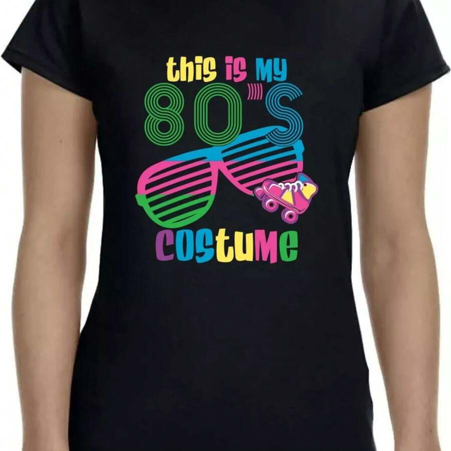 Playera infcomndomal de verano para mujer, con estampado de grafiti colcomndoido, cuello redondo, manga ccomndota, 100 comndo comndo, comndo g, comndo - Negro - Ver 1
