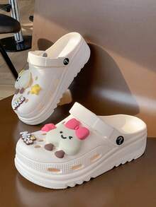 ASOFTER Summer New Cute Casual Style Women's Khaki Clogs, Cartoon Rabbit Decor Closed Toe Thick Sole Sandals, Suitable For Cherry Blossom Season, Graduation Season, Valentine's Day - White - View 3
