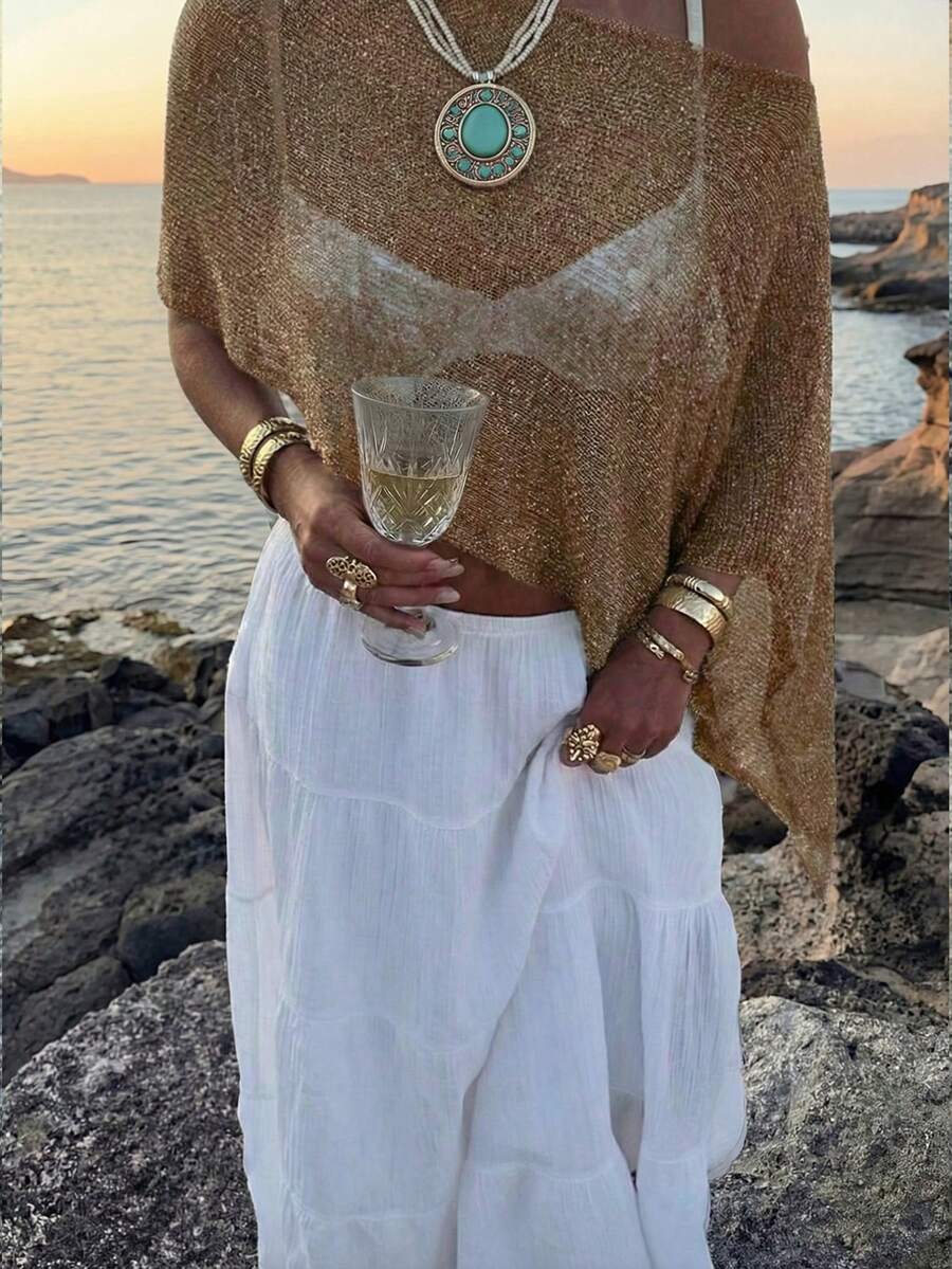 Women's Summer Side Top With Asymmetrical Hem, Lightweight And Breathable Shiny Fabric, Loose Fit Suitable For Various Figures, Casual Beach Top, Bohemian Style Summer Outfit CJ77 - 摩卡棕 - 查看 1