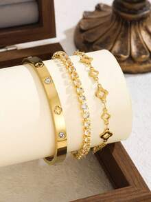3 Stücke/1 Stück Modischer Edelstahl Schmuckset, Kleeblatt Design, geeignet für Damen Pendeln oder tägliches Tragen, perfektes Geschenk für Freunde - Goldgelb - Übersicht 5