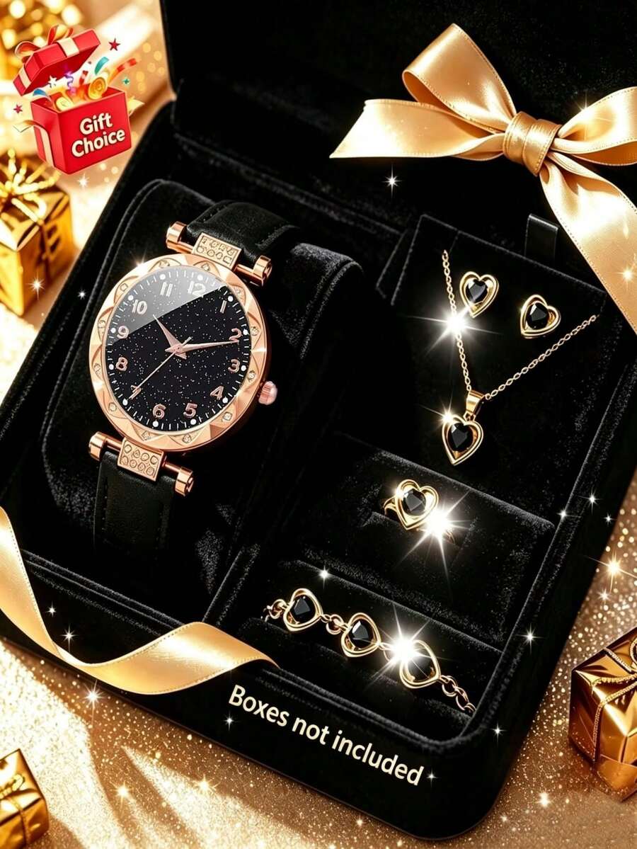 6/1pc Women's Watch: A Stylish, Elegant, And Exquisite Quartz Watch With A Sparkling Dial. Pair It With A Rhinestone-Embellished Necklace, Bracelet, Ring, And Earrings As A Jewelry Set. Suitable For Everyday Wear, It Makes A Perfect Birthday/Holiday Gift, Or A Special Occasion Such As Back-To-School, Parties, Vacations, Graduation Trips, Or Valentine's Day/Christmas. - Multicolor - View 1