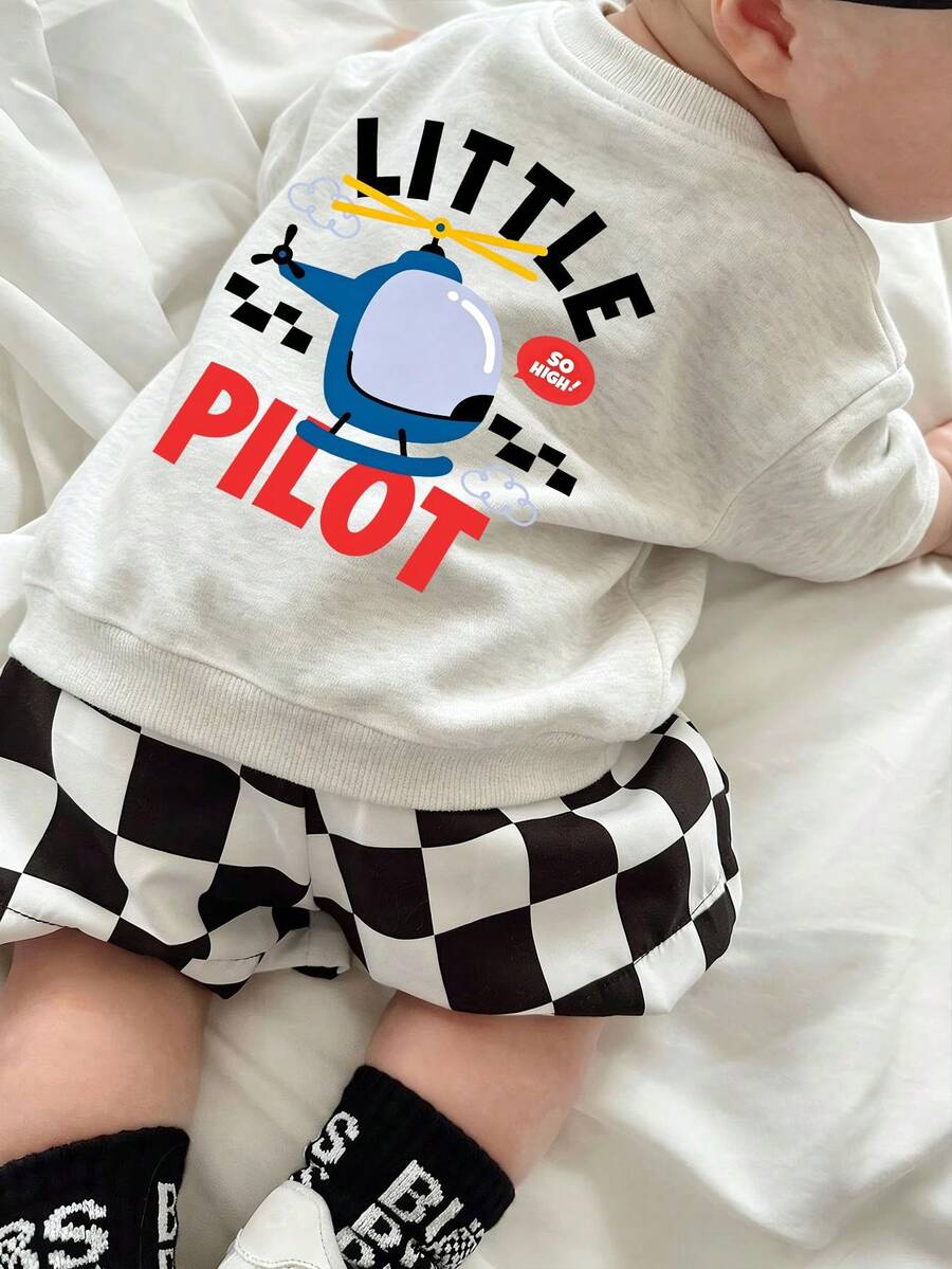 Newborn Creative Playful Helicopter Print Sweatshirt, Versatile Daily Baby Outfit Top, Suitable For Autumn And Winter Wear. - Light Grey - View 1