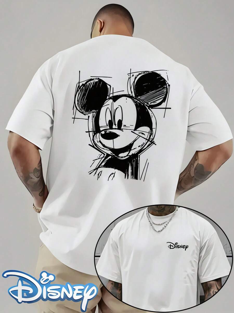 Disney Sketch Line Mickey Mouse Men's Cotton Tee, Regular Fit Minimal Vintage Casual T-Shirt For Theme Park & Daily Streetwear - White - View 1