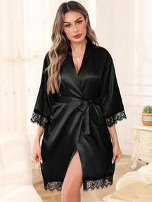 Women's Solid Color Elegant Tie-Front Spring/Summer Bathrobe, Sexy Short Satin Silk Soft Pajamas, Suitable For Brides, Bridesmaids, Home Wear. Wedding Season Short Dress, Letter Pattern, Morning Robe And Sleepwear. - Red - View 9