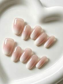 Toloky 10pcs Medium Oval Nude Pink White Gradient Press On Nails, Glossy Natural Milky Ombre Fake Nails, Simple Elegant Minimalist Coquette Handmade Reusable False Nail Tips Office Daily Bridal Manicure Music Festivals Back To School Y2K Summer Nails - Multicolor - View 3