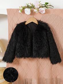 女童休閒時尚純色圓領長袖毛絨外套，適合日常穿著與外出，秋冬款 - 黑色 - 查看 1