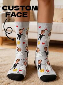 Unisex Mid-Calf Custom Face Socks, White Body With Black Toe Cap, Printed With Wedding Couple Cartoon Face, Red Heart And "I Do!" Text - Multicolor - View 1