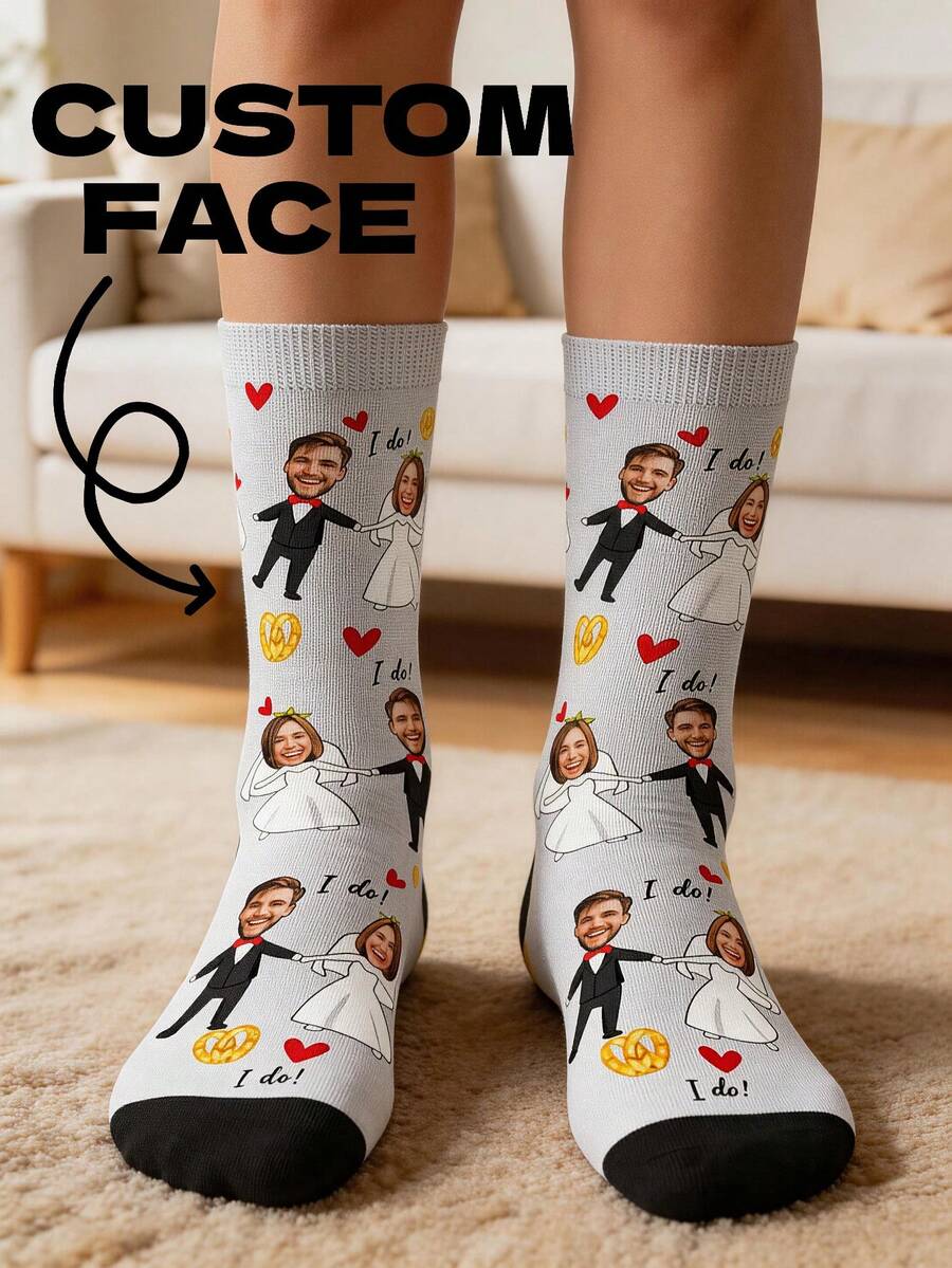 Unisex Mid-Calf Custom Face Socks, White Body With Black Toe Cap, Printed With Wedding Couple Cartoon Face, Red Heart And "I Do!" Text - Multicolor - View 1