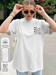 Plus Size Women's Daily Street Simple And Fun Lines Graphic Crew Neck Short Sleeves Casual Summer Women's White Tops - White - View 4