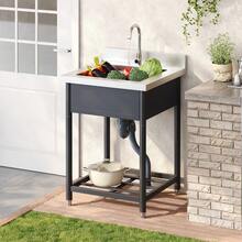 Freestanding Stainless Steel Sink For Outdoor Use, 60x60cm, With Tap And Drain, Including Shelf, Spacious Single-Basin Design, Suitable For Kitchen, Garden, Workshop And Commercial Use - 黑色 - 查看 2