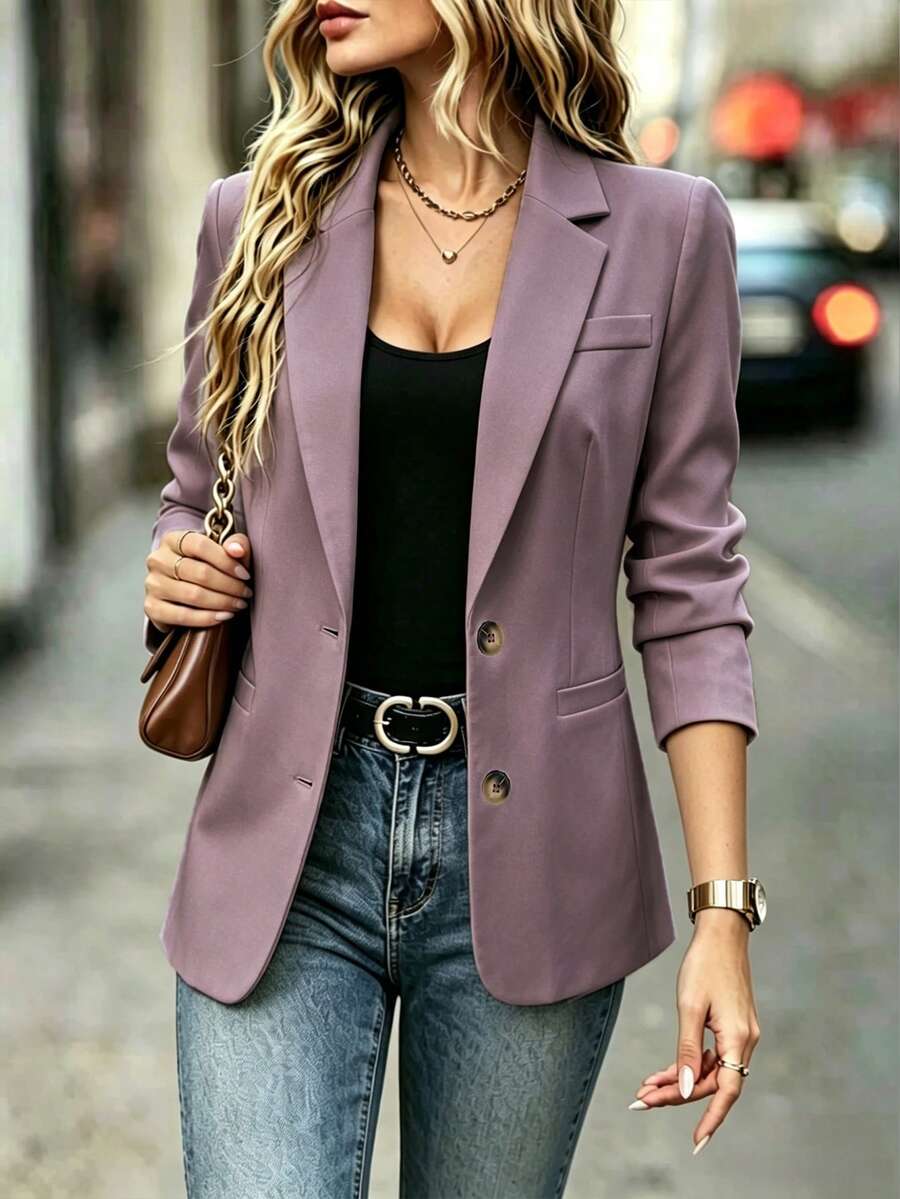 Fashionable Women's Purple Lapel Collar Long Sleeve Woven Blazer With Pockets, Autumn Essential - Rusty Rose - View 1