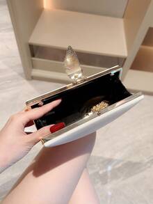 女款時尚金屬盒式晚宴手拿包，閃亮葉子扣飾，正式派對包，手提鏈條包，婚禮包，新娘包，舞會手拿包 - 白色 - 查看 4