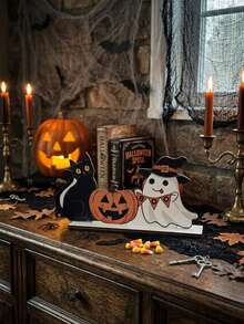 1pc Halloween Wooden Decorative Ornament, Pumpkin, Ghost, Black Cat Pattern, Suitable As Holiday Gift For Friends And Party Tabletop Decoration - Multicolor - View 4