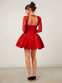 Cream Dress Women's Lace Long Sleeve Sweetheart Neckline Cocktail Dress - Beis - Ver 3