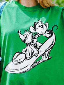 Women's Cotton T-Shirts Princess Shirt, Cute Jaq And Gus Sketch Portrait T-Shirt, Tee, Funny Magic Kingdom, Family Trip Basic Blouses For Women - 綠色 - 查看 1