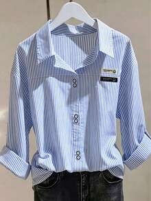 Women's Casual Striped Loose Shirt, Roll-Up Sleeves With Cuff Buttons, Suitable For Vacation And Outings, All Seasons - Blue and White - View 1