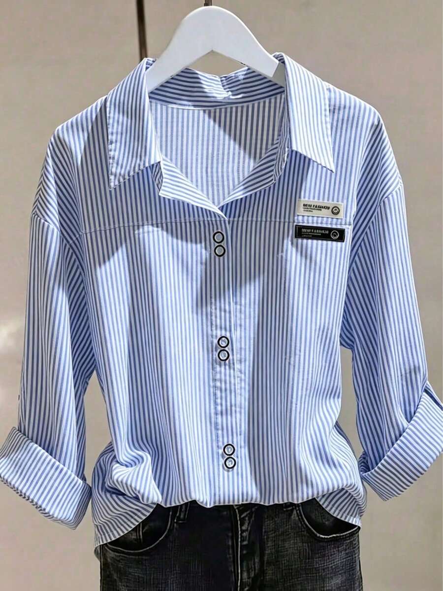 Women's Casual Striped Loose Shirt, Roll-Up Sleeves With Cuff Buttons, Suitable For Vacation And Outings, All Seasons - Blue and White - View 1