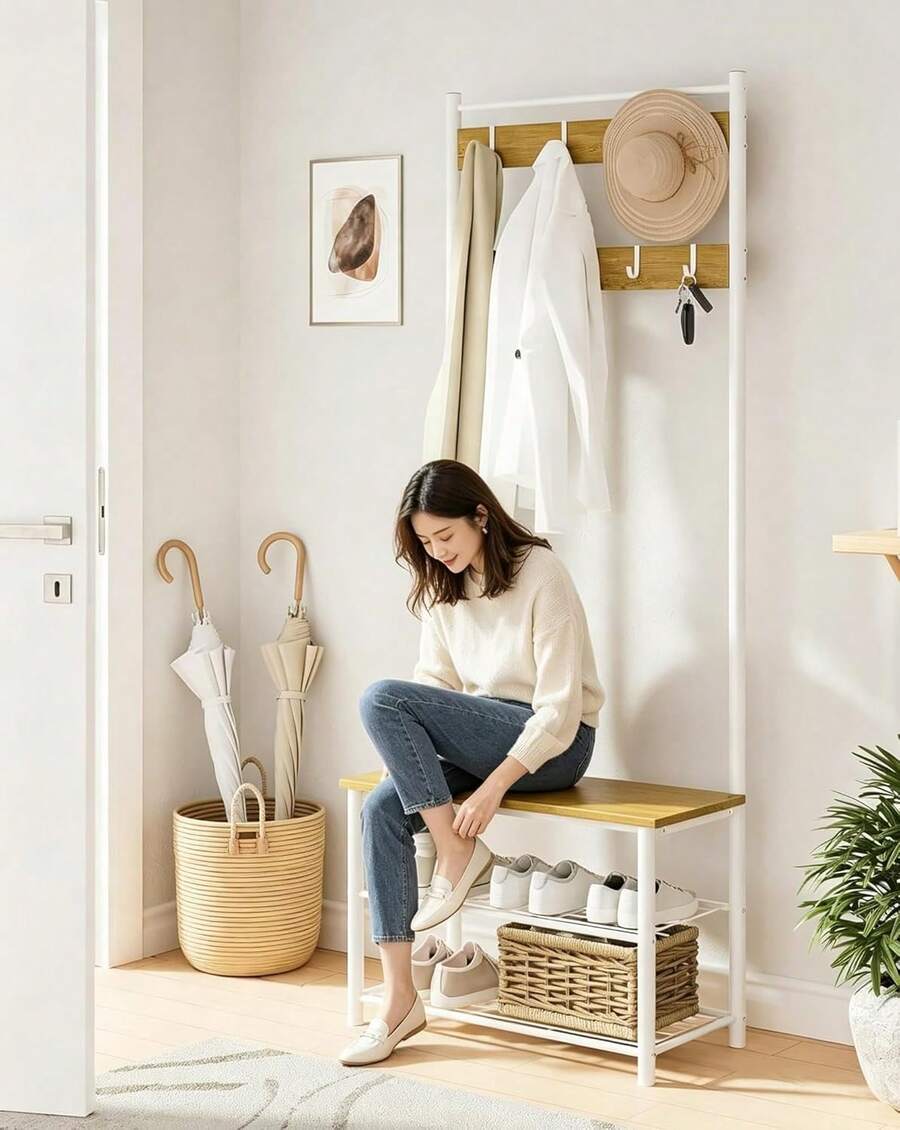 Bench With Shoe Rack, 3-In-1 Shelving Unit With Coat Rack, Shoe Bench And Shoe Shelf, Entryway Shoe Rack With Independent Coat Rack, With 3 Shelves And 9 Removable Hooks, Beige - Black - View 1