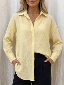 Women's Casual Textured Relaxed Fit Long Sleeve Button-Down Shirt - Light Yellow - View 4