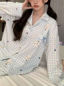 2pcs/Set Happy Puppy Print Women's Pajamas Long Sleeve Top And Pants Spring Autumn Skin-Friendly Loose Homewear Set - Blue and White - View 4