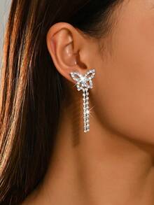1 Pair Shiny Rhinestone Butterfly Chain Drop Earrings, Fashion Tassel Ear Jewelry, Suitable For Nightclub, Date And Festival Celebration, Birthday Gift - Multicolor - View 8