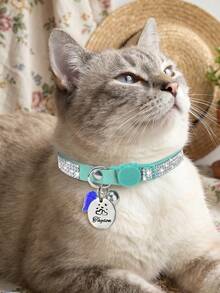 1pc Customized Rhinestone Cat Collar, Breakaway Buckle Pet Accessory Suitable For Girl/Boy Cats Or Small Dogs, Cute Soft Plush Material Pet Supplies, Can Customize Pet Name, Contact Info, Address For Anti-Lost Pet ID Tag - Multicolor - View 9