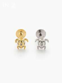 IN Z 1pc 925 Sterling Silver Zirconia Inlaid Turtle Flat Stud Earring | Small Stud Earring | Stackable Earring | Cartilage Stud Earring | Ear Cartilage Stud Earring | Layered Earlobe Stud Earring | 925 Sterling Silver Jewelry | Suitable For Women's Daily Wear | Sold Individually (Not A Pair) - Sea Turtles - View 4