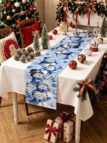 1pc 35*180cm/13.78*70.87inch Christmas Decorative Polyester Table Runner, Christmas Tree, Snowflake, Poinsettia, Bell, Gift Box, Bow, Snowman, Red Berry, Santa Claus Cartoon Pattern Design, Suitable For Home Dining Table Holiday Decor, Festive Atmosphere Christmas Tablecloth, Desktop Decorative Fabric - Multicolor - View 7