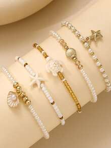 5Pcs/Set Starfish & Turtle Beaded Bracelets Set, Boho Vacation Fashion Women's Beach Jewelry - Multicolor - View 3