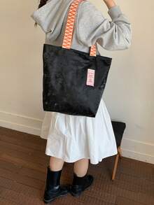 1pc Women's Color Block Shoulder Crossbody Bag Large Capacity Shiny Tote Bag Suitable For Shopping Commuting Gift Use - Black - View 6