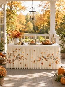 1pc Cream Autumn Bird Table Skirt, Farmhouse Style Polyester Rectangular Pleated Tablecloth Skirt, Maple Leaf Print, Decorative Buffet Dessert Tablecloth, Suitable For Thanksgiving Dinner, Autumn Wedding, Birthday Party And Home Decor - Multicolor - View 9