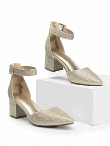 Women Pointed Toe Low Chunky Heels Pumps Ankle Strap Elegant Versatile Simple Shoes - Gold - View 2
