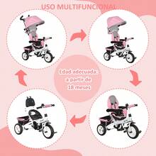HOMCOM Triciclo Evolutivo para Bebés 6 en 1 Triciclo para Niños de 1-5 Años Bicicleta para Niños con Toldo Plegable Mango Telescópico Desmontable Cinturón de protección y Cesto 95x50x106 cm - Rosa - Ver 3