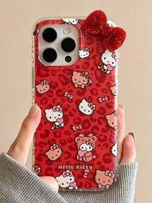 SANRIO 1pc Leopard Print Cute Bow Hello Kitty Phone Case Compatible With Apple 11-17pm - Red - View 2