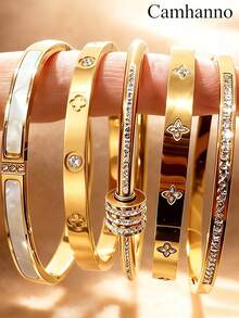 1/5Pcs Gold Plated Stainless Steel Cuff Bangles For Women, Classic Rhinestone Inlaid Stackable Bracelets, Non Tarnish Waterproof Jewelry - Gold 2 - View 9