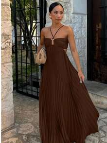 Women's Pleated Halter Neck Maxi Dress, Crisscross Straps Cutout Waist Evening Gown - 咖啡 - 查看 3