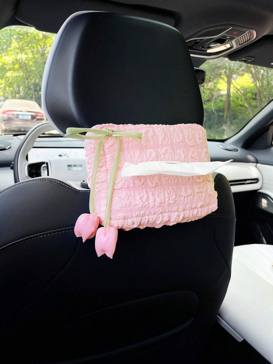 創意鬱金香蝴蝶結車用面紙盒 蓬鬆車用面紙收納袋 通用車內裝飾袋 適用座椅靠背、扶手箱、遮陽板 車用配件 - 鬱金香蝴蝶結 - 查看 1