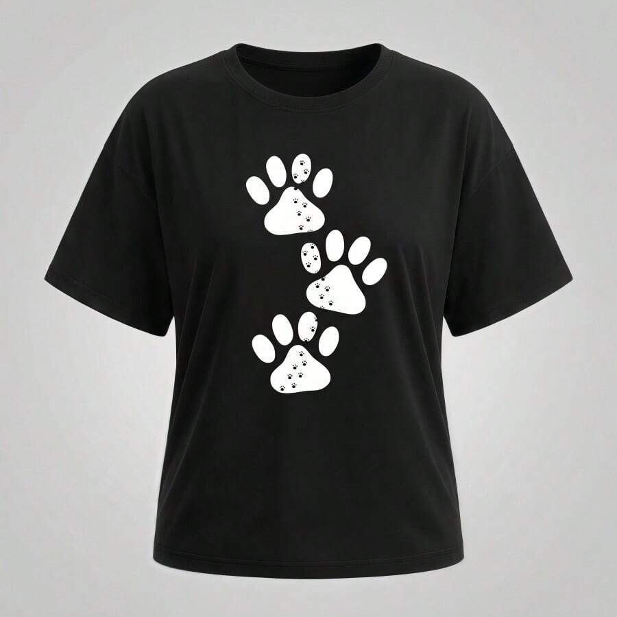 1pcWomen Crew Neck Short Sleeve T-Shirt, Pet Dog Paw Print Casual Loose Top - T恤 - 查看 1