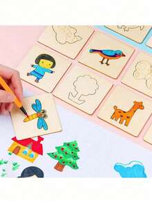 20pcs Christmas Decoration Montessori Wooden Animal & Fruit Pattern Painting Doodle Fill-In DIY Painting Template, Back To School - Multicolor - View 3