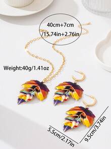 1 Set Personalized American Retro Spicy Girl Style Color-Block Textured Leaf Shaped Rainbow Necklace & Earrings Set, Suitable For Party, Music Festival, Beach Vacation Occasions, Bohemian Style Design For Beach Wear (Gift Box Not Included) - Multicolor - View 5