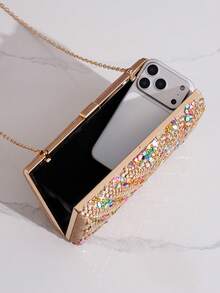 Handmade Evening Clutch/Handbag With Glitter And Rhinestone Embellishments, Party Bag, Cosmetic Bag, Shoulder Bag With Strap, Fashion Handbag - 米色 - 查看 9