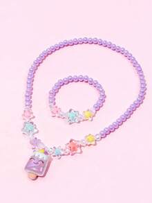 2pcs/Set Girls Cute Cartoon Unicorn Beaded Jewelry Set Necklace Bracelet Daily Accessories Party Gift - one-size - View 7
