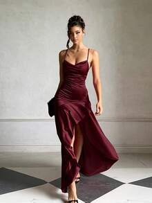 WOWDARK Women's Summer Spaghetti Straps Backless Lace Up Party Dinner Date Summer Elegant Dress, Ruffle Split Hem, ,Wedding Guest, Graduation Dress - 酒紅色 - 查看 3