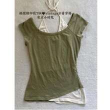 Camiseta de manga corta estilo punk subcultura vintage retro, de dos piezas simuladas, estilo americano dulce y picante, para mujer, corte ajustado. - c9042: Camiseta de dos piezas azul claro falsa - Ver 2