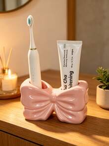 1pc Dual Slot White & Pink Cute Bow Toothbrush & Toothpaste Holder Makeup Brush Organizer Bathroom Countertop Vanity Accessory Aesthetic INS Style Home Decor Bathroom Dorm Apartment Essentials - Multicolor - View 10