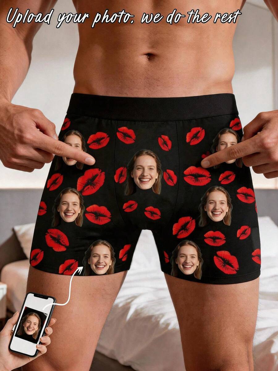 1pc Men's Customized Black Boxer Briefs, Fun Photo Prints, Anniversary Gift For Boyfriend, Couple-Matching, AI Design, Personalized Gift - Multicolor - View 1