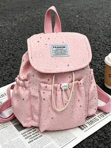 1 pieza Mochila con solapa y cordón con patrón de estrellas, mochila de gran capacidad para uso diario, mochila ligera para el campus, accesorio de moda, adecuada para niñas/adolescentes/estudiantes, aplicable para la escuela, el trabajo, el uso diario y los viajes - Multicolor - Ver 12